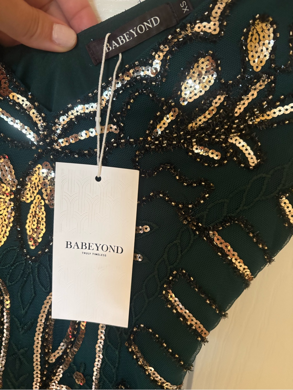 Green Beaded Fringe V-Neck Mini Dress — image 3 of 3